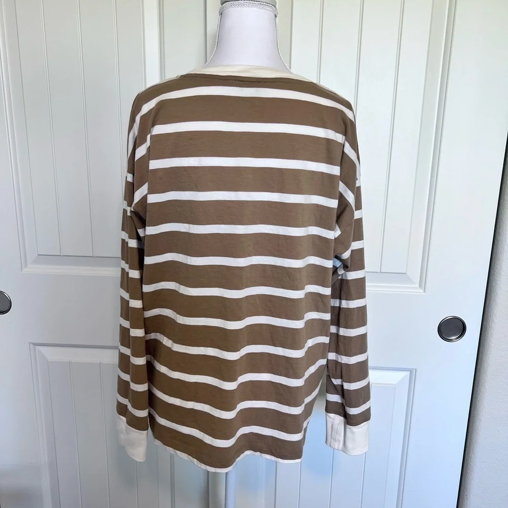 J. Crew Tan and Cream Striped Long Sleeve Lightweight Cotton Tee Sz Large